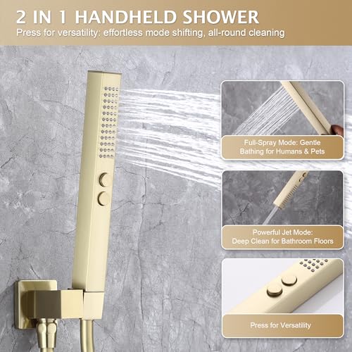 Rain Shower System, 10''Square Rain Head,2-Spray Handheld, Gold | 2 Spray Functions,Anti-Tangle Explosion-proof PVD Hose,Balance Temp Valve,Rust-proof & Scratch-resistant - color: Brushed Gold, size: 10 Inch
