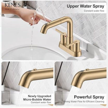 Champagne Bronze Pull Down Centerset Bathroom Faucet 3 Hole 2 Handle | Pull Out Bathroom Faucet with Pop Up Drain & Supply Lines, Lead-Free cUPC & NSF Certified, 4 Inch Faucet for Vanity RV Sink - color: Champagne Bronze