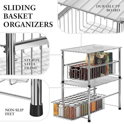 Simple Houseware Chrome Metal Stackable Storage Rack, 16.75 in L x 10.8 in W x 10.25 in H | Free Standing Organizer Drawer, Kitchen/Pantry/Cabinet/Counter - color: Chrome