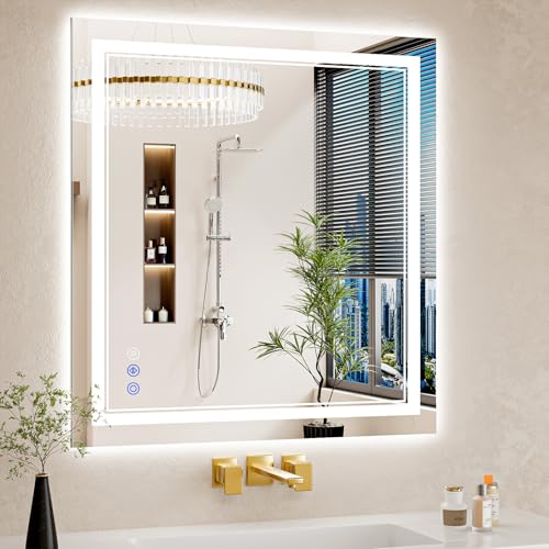 30"x32" LED Bathroom Mirror with Lights, Anti-Fog, Backlit + Front Lit, Dimmable, Led Vanity Mirror for Wall, Lighted Bathroom Mirror, 3 Colors, Shatter-Proof Tempered Glass - size: 30"L x 32"W