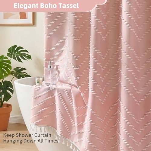 Siiluminisoy Pink Shower Curtain with Tassel Woven Fabric Boho Shower Curtain Cute Farmhouse Textured Tufted Chevron Striped 72 x 72 Bathroom Shower Curtain - color: A Pink, size: 72"W x 72"L (Pack of 1)