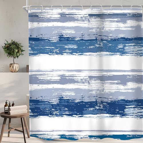 Abstract Navy Blue Modern White Gray Striped Bathroom Shower Curtain Set | 72Wx72H Watercolor Painting design, waterproof HD print with fast-drying fabric and 12 hooks. - color: B1-navy Blue, size: 72"W x 72"L (Pack of 1)
