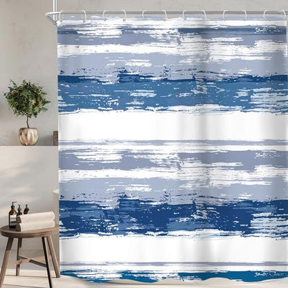Abstract Navy Blue Modern White Gray Striped Bathroom Shower Curtain Set | 72Wx72H Watercolor Painting design, waterproof HD print with fast-drying fabric and 12 hooks. - color: B1-navy Blue, size: 72"W x 72"L (Pack of 1)