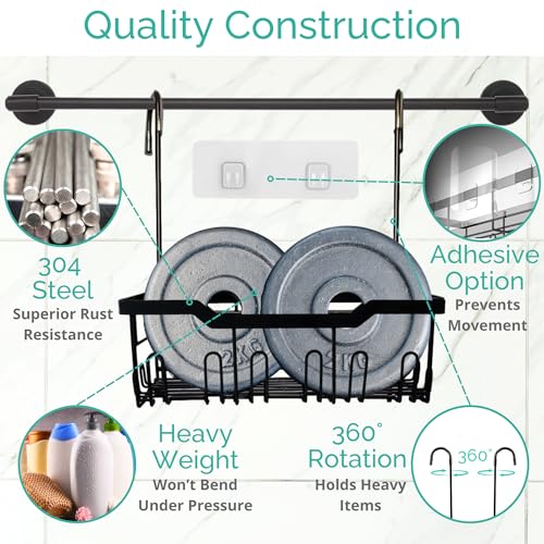 Heavy-Duty Black Hanging Shower Caddy with Rotatable Hooks and Adhesives - Rust-Proof 304 Stainless Steel - Bathroom Caddy for Organizing Your Shower Essentials - color: Single Tier - Matte Black