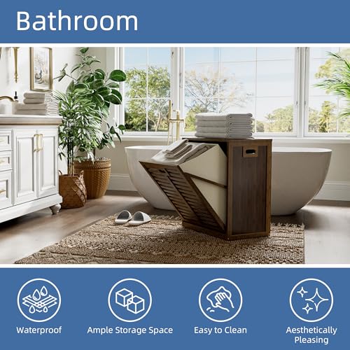 HITNET Bamboo Tilt Out Laundry Hamper, Bathroom Storage Cabinet with Hidden Removable Basket and 3 Sides Cutout Handles, Freestanding Hamper Organizer for Dirty Clothes, Walnut - color: Walnut