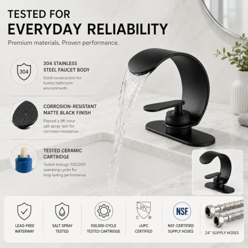 ARSUONTA Matte Black Waterfall Bathroom Sink Faucet, Single Handle, Fits Single-Hole or Compatible 3-Hole Sinks, Easy to Install with Deck Plate, Pop-Up Drain with Overflow and 24-Inch Supply Hoses - color: Black