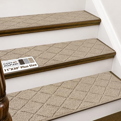 COSY HOMEER Stair Treads for Wooden Steps Indoor Non Slip 11"x30",4pcs | Washable Peel&Stick Carpet Stair Treads,Soft Polyester Stairs Carpet,Reusable Adhesive Stair Runner for Kid,Elder,Pet,Beige - color: Beige, size: 30 X 11 Inches (4 Pieces)