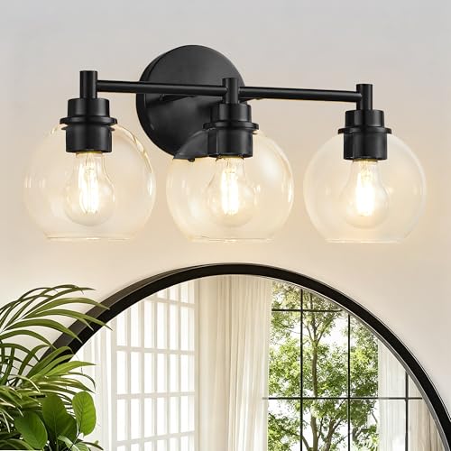 Bathroom Light Fixtures, Vanity Lights for Bathroom 3-Light Black, Bathroom Lighting Fixtures Over Mirror with Clear Glass Globe Shade, Bathroom Vanity Light for Living Room Kitchen Bedroom Hallway - color: Black, size: 3-Light