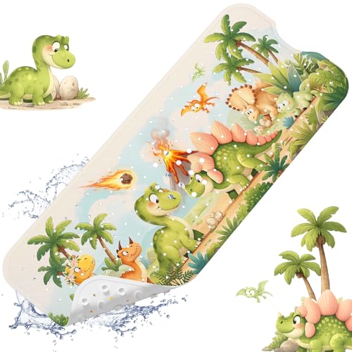 Baby Bath Mat for Tub Non Slip Kids, BPA Free Extra Long Bathtub Mat 40x16 with Drain Holes and 200 Suction Cups, Non Toxic Machine Washable Toddler Bath Mat, Eco-Friendly Certified - color: W-dinosaur