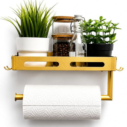 Gold Paper Towel Holder Wall Mount with Shelf, Easy One Hand Tear, Adhesive Glue or Drill Mount Hanging Paper Towel Holder with Shelf for Kitchen/Bathroom/RV, Metal, 4 Hooks - color: Golden