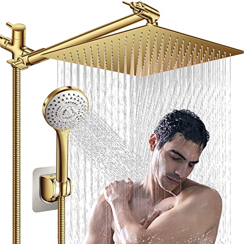 Shower Head,12'' Rain Shower Head with 11'' Extension Arm,Brushed Gold | 5 Settings High Pressure Handheld Shower Head Combo,Adjustable Powerful Shower Spray Against Low Pressure Water - color: Gold, size: 12" Showerhead Set