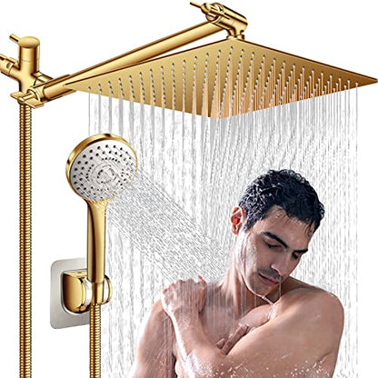 Shower Head,12'' Rain Shower Head with 11'' Extension Arm,Brushed Gold | 5 Settings High Pressure Handheld Shower Head Combo,Adjustable Powerful Shower Spray Against Low Pressure Water - color: Gold, size: 12" Showerhead Set