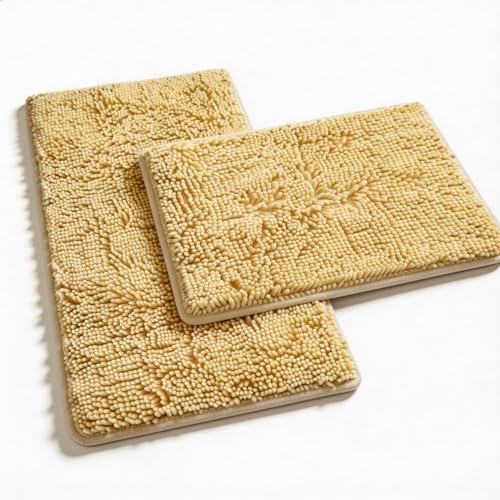 Bathroom Rugs Sets 2 Piece Plush Chenille Bath Rugs Non-Slip Bath Mats Absorbent Shaggy Rugs,Bathtub Mat,Bathroom Mats,Washable Bathroom Carpet for Tub, Shower,Washroom-32x20 + 24x16 Light Cream - color: Light Cream