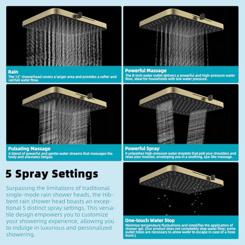 Hibbent Rain Shower Head, 13'' High Pressure Rainfall Square 5 Spray Mode Showerhead with 16" Shower Head Extension Arm, Solid Brass Adjustable Shower Arm Extender, Brushed Gold - color: Brushed Gold, style: Square 13'' with Arm
