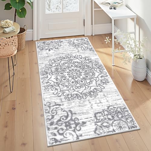 HEBE Hallway Runner Rug 2'x4', Washable Non Slip Kitchen Rug Runner | Soft Boho Bedroom Runner Rug, Vintage Distressed Low-Pile Floor Carpet Runners for Hallway, Entrance, Bathroom, Laundry - color: Grey, size: 2' x 4' (Rectangular)