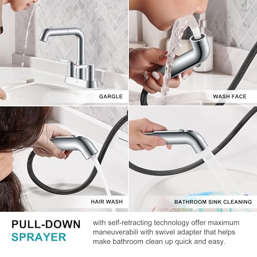 Chrome Centerset Bathroom Faucet with Pull Down Sprayer 3 Hole 4 Inch | Pull Out Bathroom Faucet with Pop Up Drain & Supply Lines, Lead-Free cUPC & NSF Certified, 4 Inch Faucet for Vanity RV Sink - color: Chrome