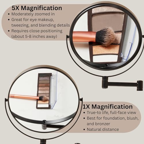 JERDON Wall-Mounted Makeup Mirror - 5X Magnification - Black - JP7506BK | 8" Round Frame, 13.5" Wall Extension Arm - color: Black, size: 5X Magnification