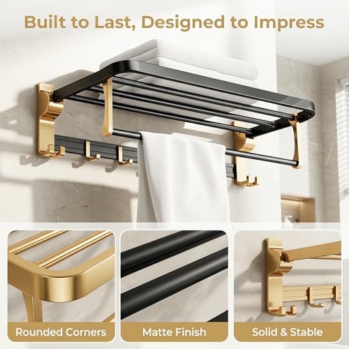 Towel Storage for Small Bathroom、 24 inch Towel Rack，Bath Towel Holder， Foldable Towel Rack with 7 Hooks, Bathroom and Toilet wall Mounted Towel Rack Made of Aviation Aluminum (Luxury Black Gold)