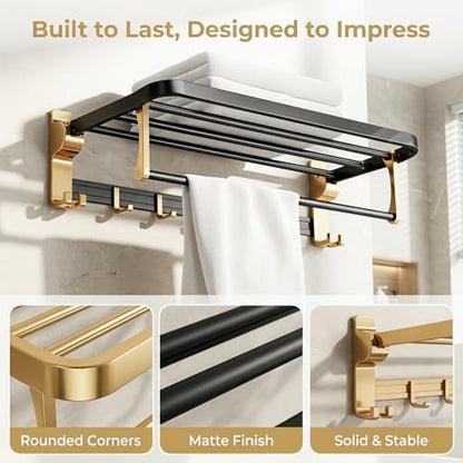 Towel Storage for Small Bathroom、 24 inch Towel Rack，Bath Towel Holder， Foldable Towel Rack with 7 Hooks, Bathroom and Toilet wall Mounted Towel Rack Made of Aviation Aluminum (Luxury Black Gold)