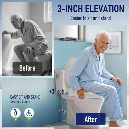 Raised Toilet Seat 3 Inch for Standard Elongated Toilets 18–19 Inch Bowl Length, Not Compatible with Round or One-Piece Toilets, Slow-Close Lid, Non-Slip Stable Design, 772 lb Capacity