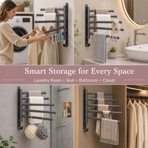 2-5 Arms Swivel Towel Rack Bath Towel Holder with Hook Swing Arm Towel Rack Wall Mount for Bathroom Kitchen (Grey, 5-arm) - color: Grey, size: 5-arm