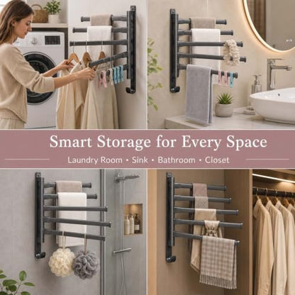 2-5 Arms Swivel Towel Rack Bath Towel Holder with Hook Swing Arm Towel Rack Wall Mount for Bathroom Kitchen (Grey, 5-arm) - color: Grey, size: 5-arm