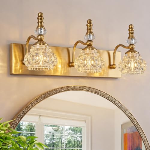 Modern Glass Crystal Vanity Light - Vintage Bathroom Lighting Fixtures Over Mirror, 3 Light Vanity Lights G9 Bulb (19.68 Inch, Gold) - color: Gold, size: 3-light