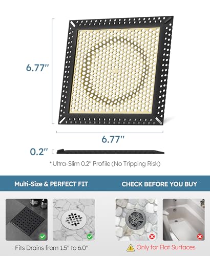 Square Shower Drain Hair Catcher, Anti-Clogging, 6 inch | 304 Stainless Steel and TPE Material/ Not Moving / Easy Clean / Fast Drainage / Fits Bathroom Hair Catcher for Shower - color: Matte Black & Brushed Gold, size: 6 inch