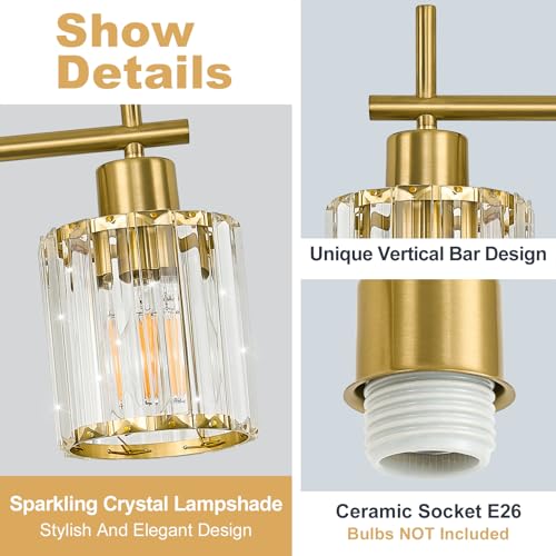Brushed Gold Bathroom Light Fixtures, Round, 3-Light | Vanity Lights with Crystal Shades, Modern Bathroom Lighting Fixtures over Mirror (Bulbs Not Included, E26) - color: Brushed Gold (Round), size: 4-Light