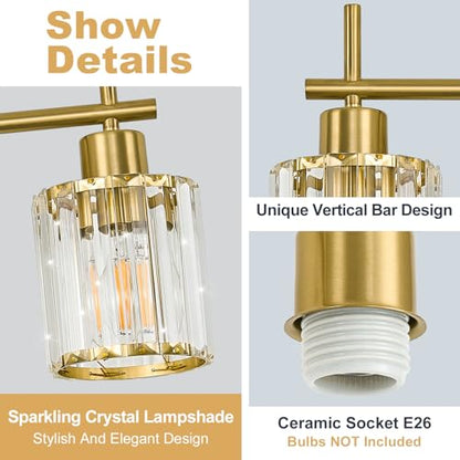 Brushed Gold Bathroom Light Fixtures, Round, 3-Light | Vanity Lights with Crystal Shades, Modern Bathroom Lighting Fixtures over Mirror (Bulbs Not Included, E26) - color: Brushed Gold (Round), size: 4-Light