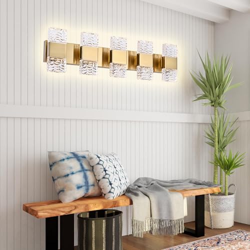 MELUCEE 5 Lights Brass Crystal Vanity Light Bar LED Bathroom Lights 30.3 in | 40W LED Modern Vanity Lighting Fixtures Wall Mount for Bath Restroom Powder Room, 3000K Warm Lighting - color: Brass, size: 5 Lights