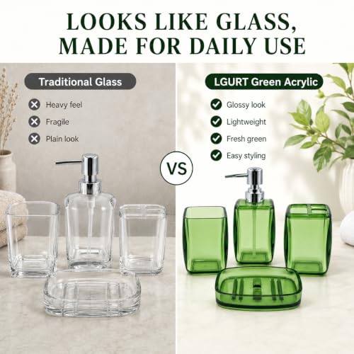 LGURT 4pc Green Acrylic Bathroom Set — Soap Dispenser & Divided Cup | soap dispenser, soap dish, cup & toothbrush cup. Green acrylic, gift-ready for housewarming, hotel, dorm or bath refresh. - color: Fresh Green