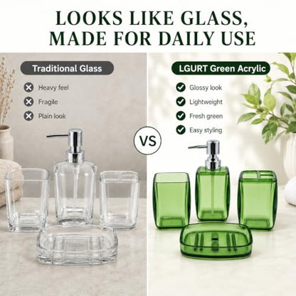 LGURT 4pc Green Acrylic Bathroom Set — Soap Dispenser & Divided Cup | soap dispenser, soap dish, cup & toothbrush cup. Green acrylic, gift-ready for housewarming, hotel, dorm or bath refresh. - color: Fresh Green