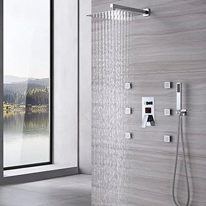Cascada Digital 12” Wall Mounted Shower System with Single Handle & LCD Display, 3 Functions (Rainfall, Body jets & Handheld) (Rose Gold) - color: Rose Gold
