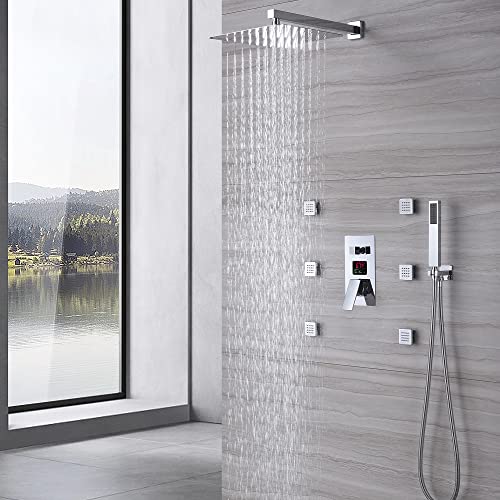 Cascada Digital 12” Wall Mounted Shower System with Single Handle & LCD Display, 3 Functions (Rainfall, Body jets & Handheld) (Antique Brass) - color: Antique Brass