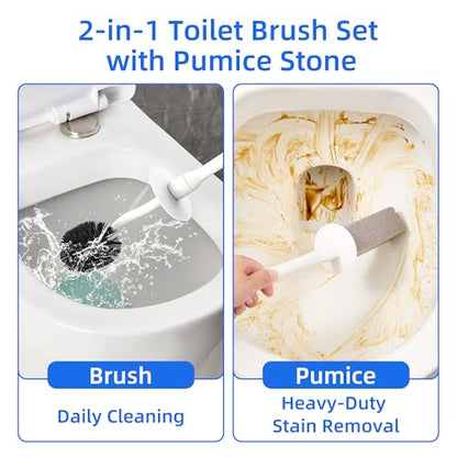 Toilet Brush and Holder Set with Pumice Stone Toilet Bowl Cleaner | Long-handle Scrubber with Ventilated Holder and Pumice Stone for Hard Water Stains, Limescale and Toilet Rings - color: Gray