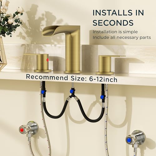 FORIOUS Bathroom Faucet 3 Hole Widespread Sink 8 Inch 2 Handle Brushed Gold | 3-hole 6-12 Inch Widespread Sink, Waterfall Faucets, with Drain and Hoses,for Vanity Rv Commercial Lavatory Restroom Basin - color: Brushed Gold