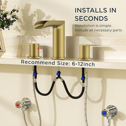 FORIOUS Bathroom Faucet 3 Hole Widespread Sink 8 Inch 2 Handle Brushed Gold | 3-hole 6-12 Inch Widespread Sink, Waterfall Faucets, with Drain and Hoses,for Vanity Rv Commercial Lavatory Restroom Basin - color: Brushed Gold