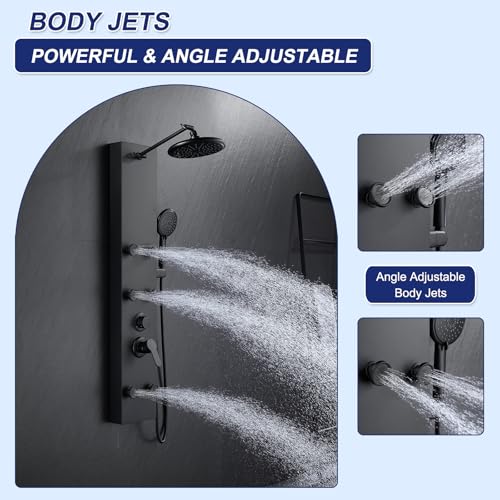 ROVATE Shower Panel Tower System with Adjustable 6 Body Jets, Matte Black | Stainless Steel Shower Column with Height Adjustable Shower Arm, Self-Cleaning Rainfall Shower & Handheld, Rough-in Valve - color: Matte Black, style: 3-Function