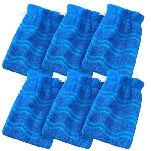 VOOVA & MOVAS Wash Gloves 6 Pack Blue Jacquard,European Style with Loop | Body Wash Gloves, Gentle Texture, Durable Cotton Fabric, Ideal for Face Care, Shower and Home Use. - color: Jacquard-blue Wave, size: 6PC Bath Mitts
