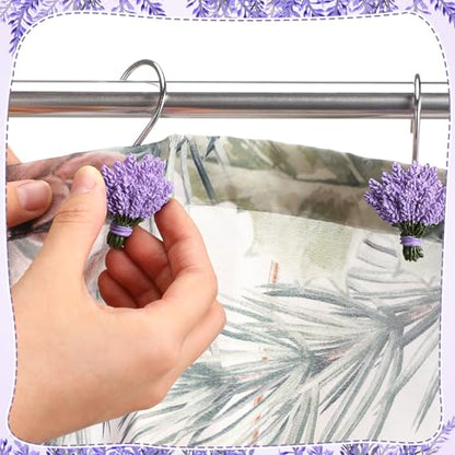 12 Pcs Lavender Shower Curtain Hooks Purple Floral Decorative Hooks Rings Bulk Cute Hanger Stainless Steel Resin Spring Flower Themed Shower Hook for Bathroom Bedroom Home Living Room Decor - style: Lavender