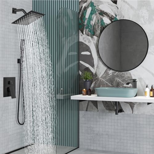 Midanya Shower Faucet Set with Handheld Sprayer,8 Inch,Matte Black | Rough-in Shower Valve and Trim Kit Included,Square Rain Head,Wall Mount Shower System,All Metal,Bathroom - color: Black, size: 8 Inch