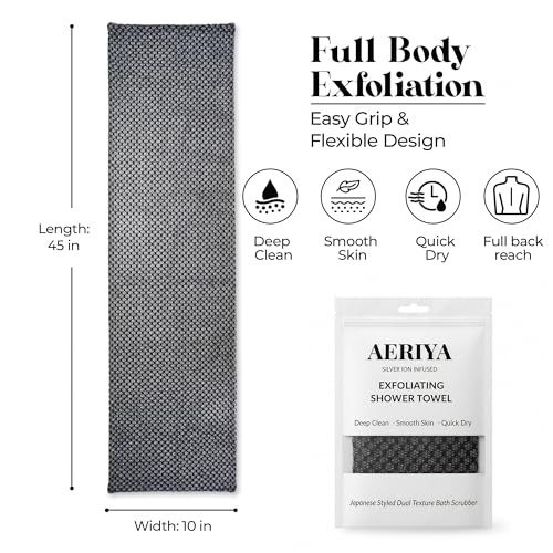 Exfoliating Washcloth – Long Japanese-Style Back Scrubber for Shower, 2-Sided Body Scrub Exfoliating Towel, Quick Dry Bath Cloth for Men & Women, Black - color: Black