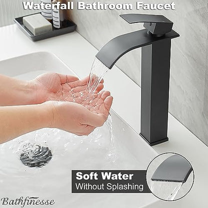 Vessel Sink Faucet Black Waterfall Bathroom Faucet with Drain Assembly | Stainless Steel,Single Handle One Hole,Deck Mount,Modern Bowl Sink Faucet,with 3/8" Supply Hose,Lead-Free by Bathfinesse - color: Matte Black