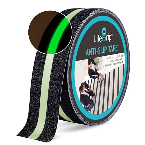 LifeGrip Anti Slip Traction Tape with Glow in the Dark Green Stripe, 2"x38' | Best Grip Tape, Friction, Abrasive Adhesive for Stairs, Tread Steps, Indoor and Outdoor, Waterproof, Visiable at Night - color: Black/Green, size: 2" X 38'