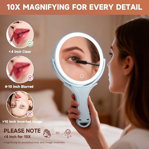 Hasipu Makeup Mirror with Lights 2000mAh Rechargeable Travel Mirror | 1X/10X Magnifying, Phone Stand Design, Rechargeable, 360° Rotatable, 3 Color Dimmable, Tabletop, Handhold, Hanging, Blue - color: Blue