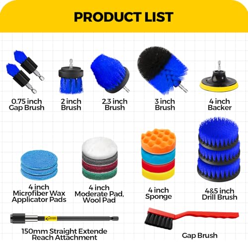 Holikme 22Piece Drill Brush Attachment Set - Power Scrubber Cleaning Kit | Buffing Sponges, Nylon Grout Tools, Microfiber Wax Pads, Tile Bathtub Shower Floors Kitchen Car Interior Detailing, Blue - color: Blue