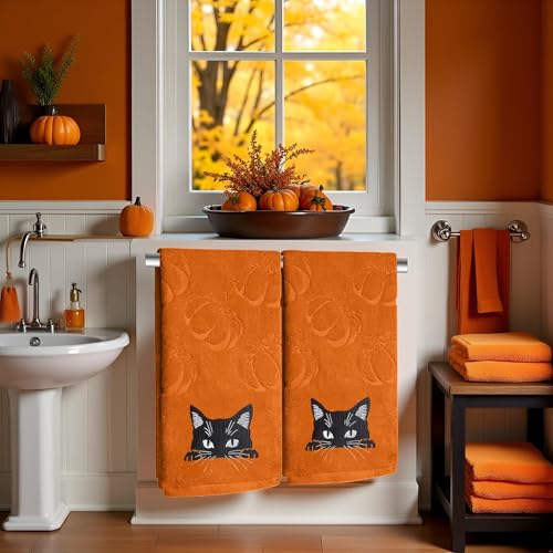 2 Pack Fall Hand Towel Jacquard Embroidered Cotton Kitchen Towels Farmhours Thankful Bath Towels Set Thanksgiving Bathroom Decor (Yellow Cat, 2*Hand Towel) - color: Yellow Cat