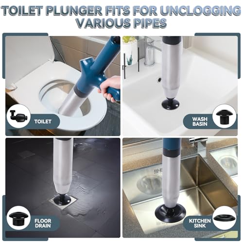 Toilet Plunger, High Pressure Drain Unclogger Plungers with Pressure Gauge, toilet auger Air Drain Blaster, Versatile Heavy Duty Clog Remover for Bathroom, Kitchen, Floor Drain - color: Gray