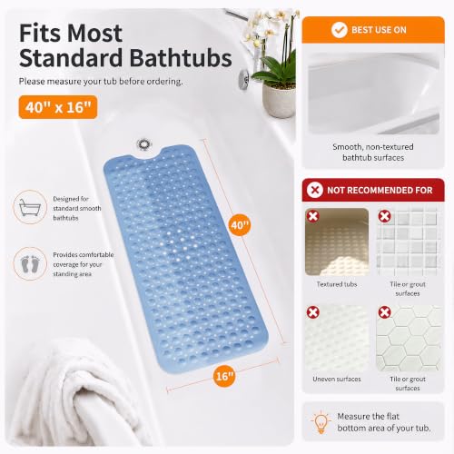 Yimobra Non Slip Bathtub Mat 40 x 16 Inch, Extra Long Shower Mat with Drain Holes, Machine Washable Baby Bath Mats, Strong Suction Cups for Bathroom Floor, Blue - color: Blue